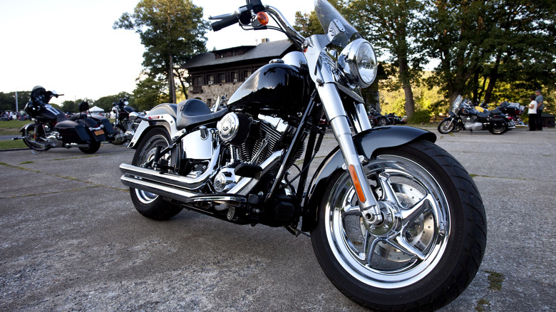 Harley-Davidson Fat Boy parked away from other bikes