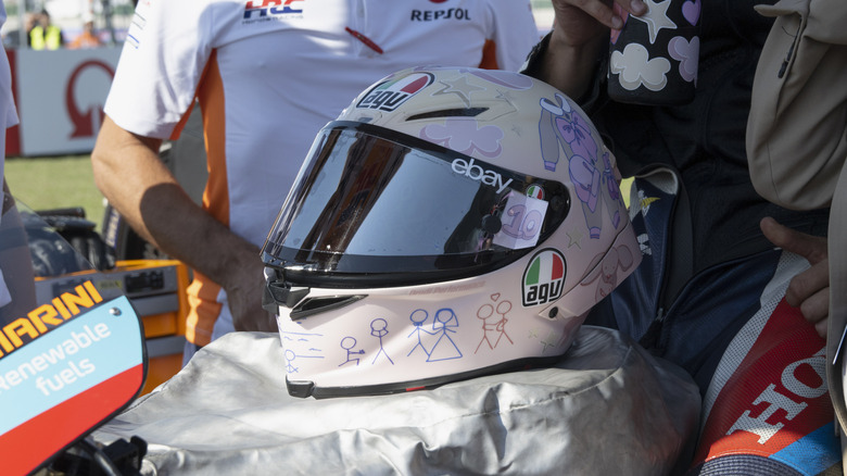 A picture of the special helmet for Luca Marini of Italy and Repsol Honda Team