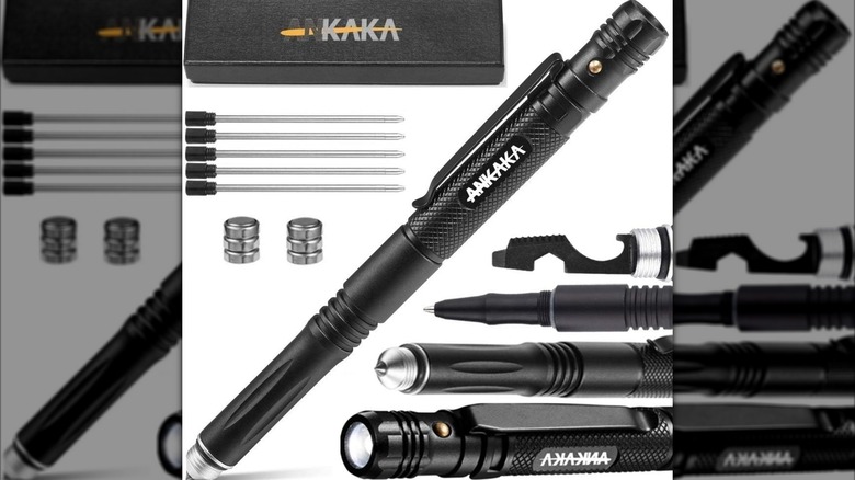 A black Ankaka tactical pen and its multiple heads