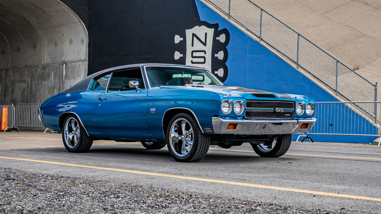 blue chevy chevelle ss on track