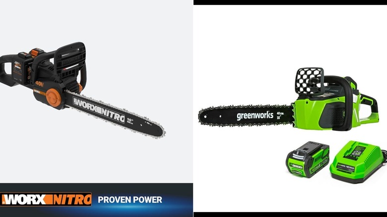 one Worx Nitro and one Greenworks chainsaws