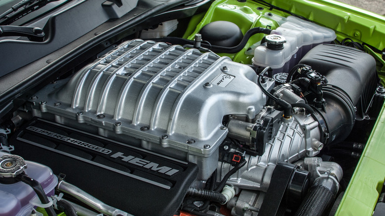 Hellcat engine bay with supercharger