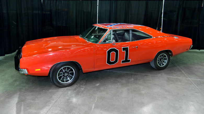 TV series Dukes of Hazzard General Lee Dodge Charger theme car, on display at the Detroit Autorama.