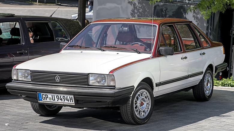 White Volkswagen Santana sedan parked