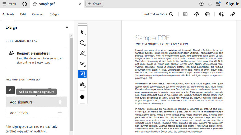 E-signature option in Adobe Acrobat Reader