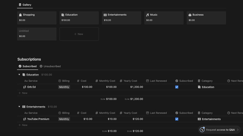 Subscription Tracker template