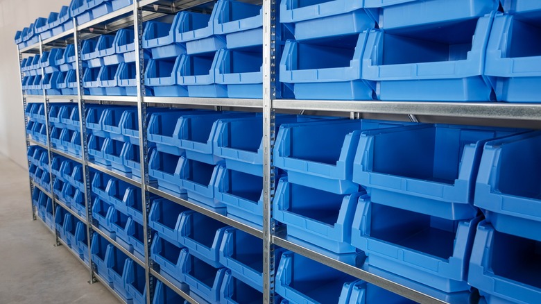 Storage bins on bin shelf