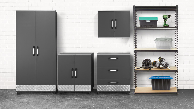 Workshop with metal storage cabinets