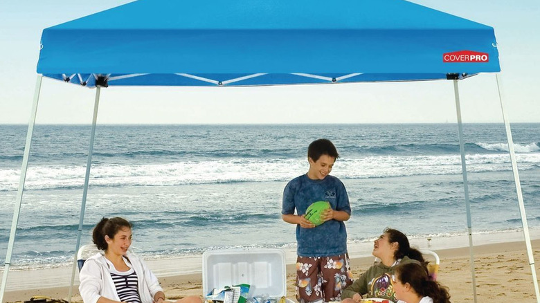 people standing under canopy on beach