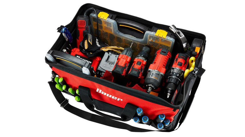 bauer tool bag filled with power tools