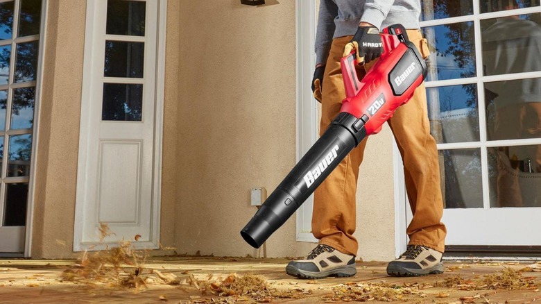 Person user blower to clean porch