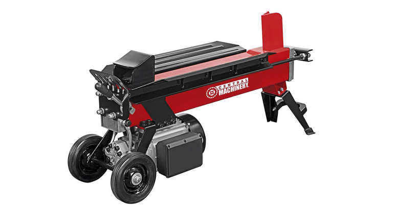 A red and black Central Machinery log splitter on a white background