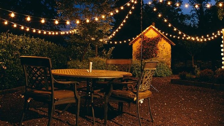 backyard lit up with lights