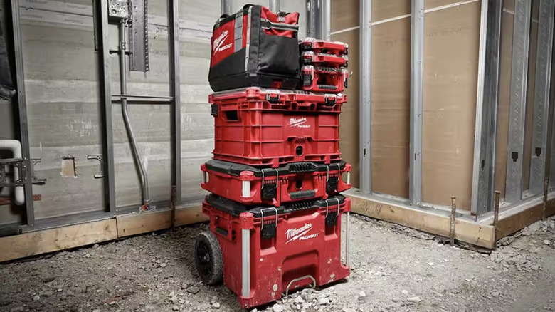 Stack of Milwaukee Packout bins in shop