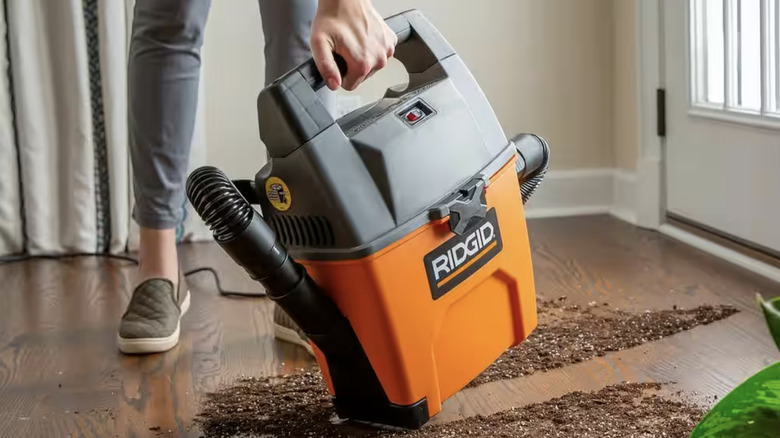 Person using shop vacuum to pick up dirt