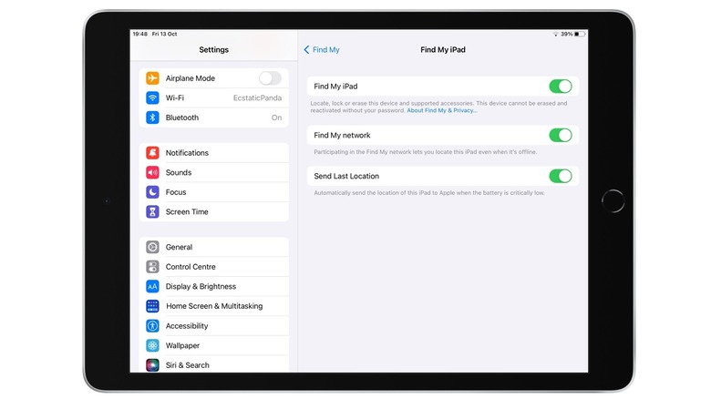 Find My iPad settings