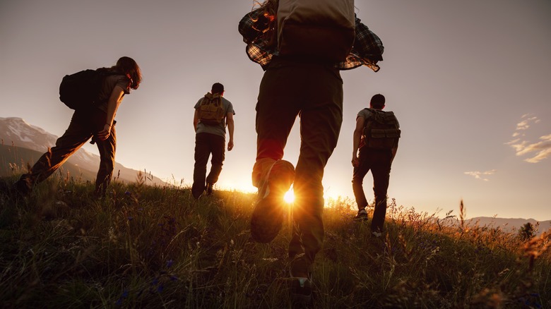 four people hiking