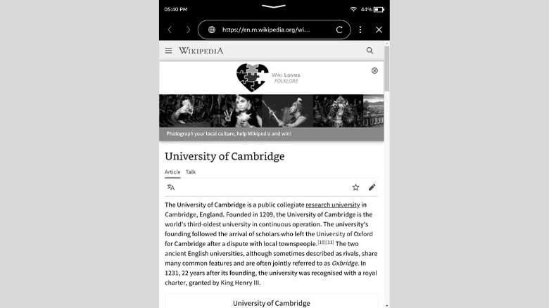 Kindle browser open in Wikipedia