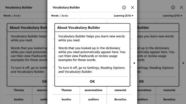 Vocabulary Build screen on Kindle Paperwhite