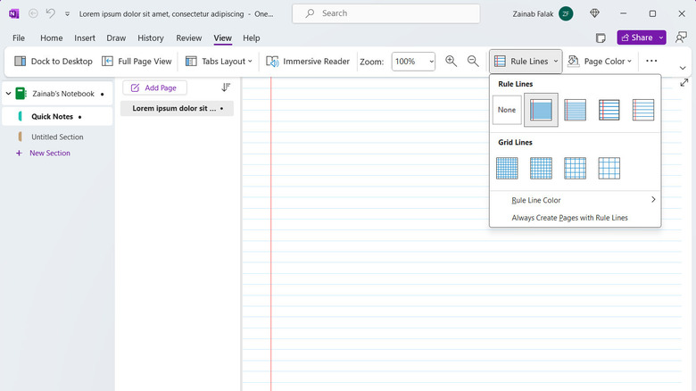 Rule lines OneNote