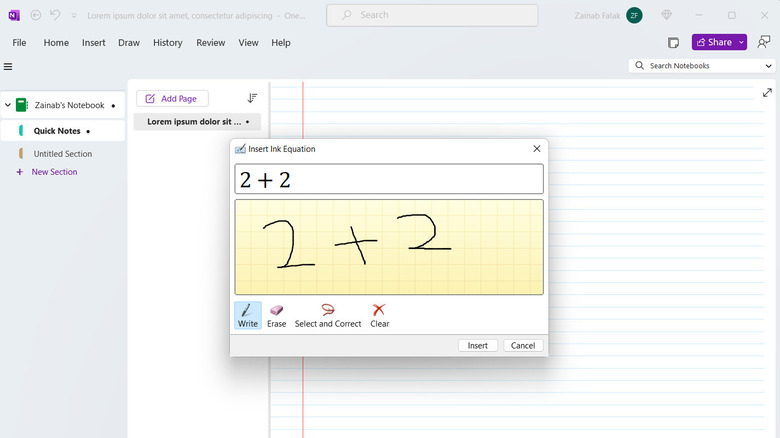 Inserting equation in OneNote