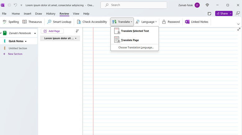 Translating text in OneNote