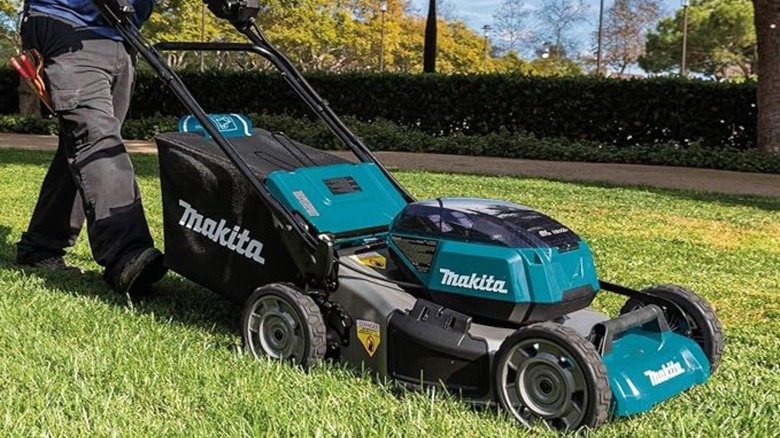 Person using electric lawn mower