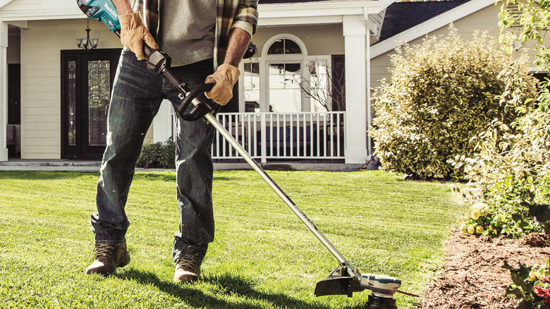 Man using string trimmer in yard