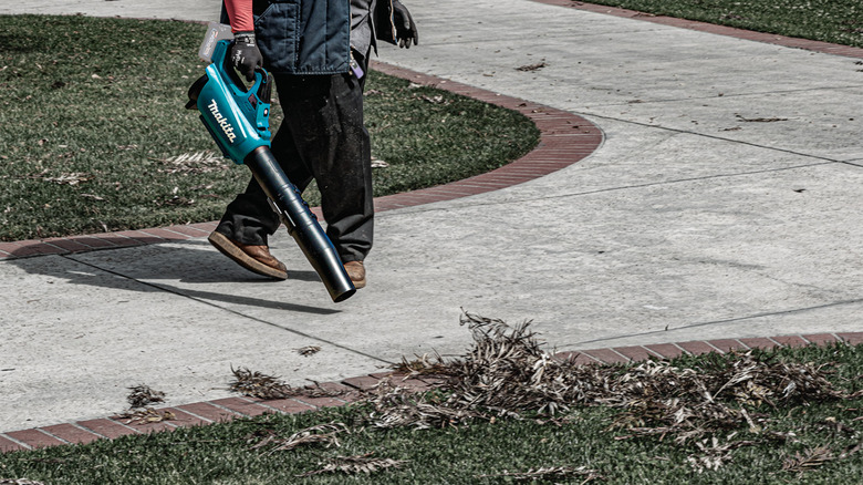 Person blowing debris off sidewalk