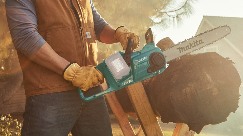 Person cutting log with chainsaw