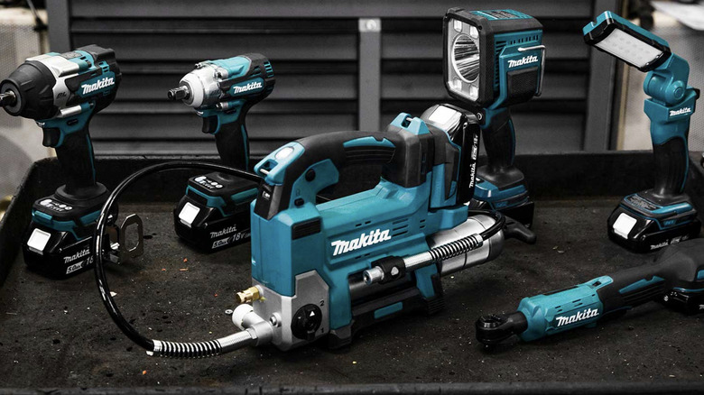 A display of some of Makita's automotive power tools