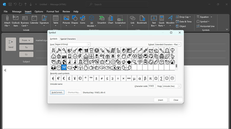 Outlook insert emoji shortcut