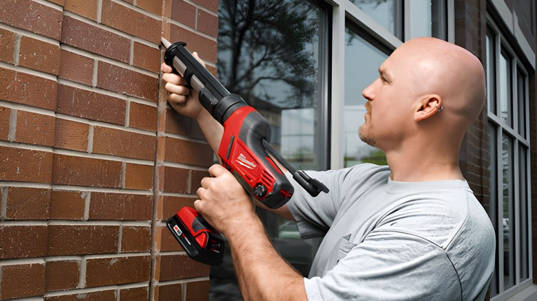 person using milwaukee caulk gun