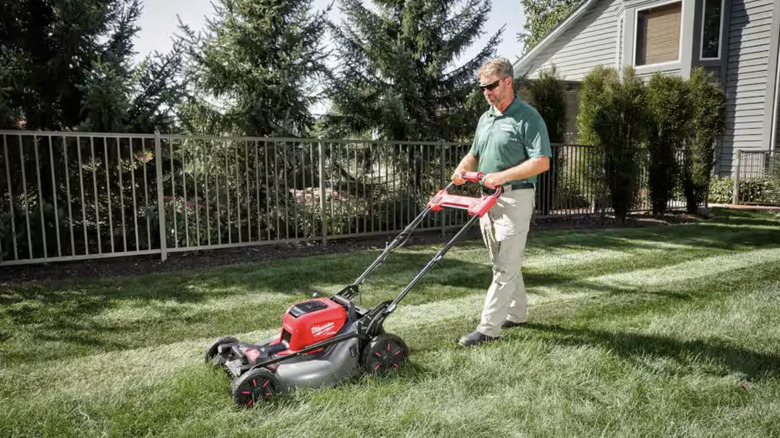 Man mowing his lawn with a Milwaukee walk-behind lawn mower