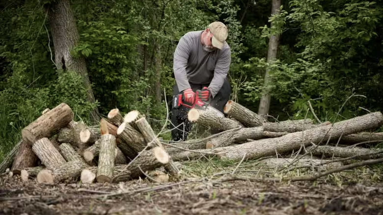 Man using Milwaukee chainsaw in woods