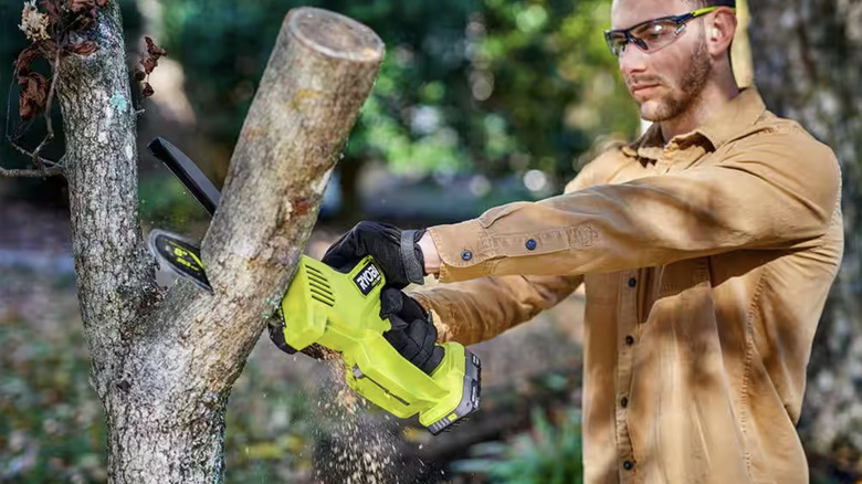 Man using chainsaw on cut tree