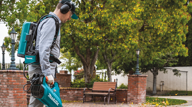 man using leaf blower and power bank backpack