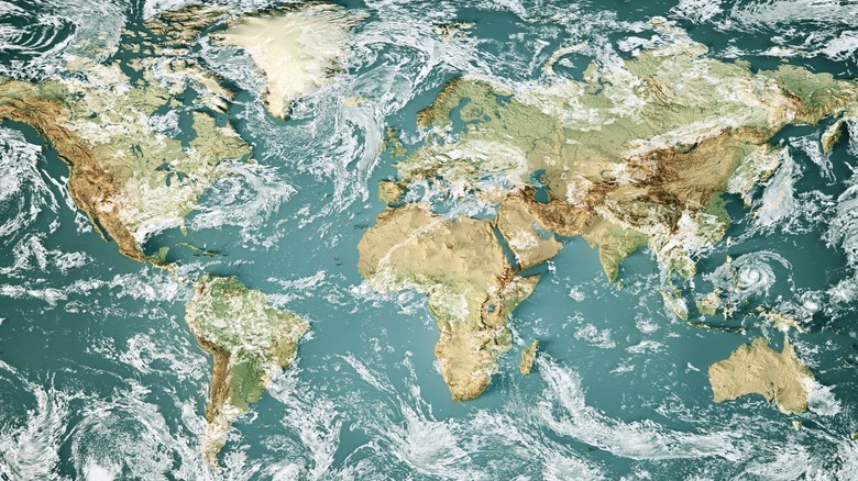 Topographical map of the world showing cloud cover