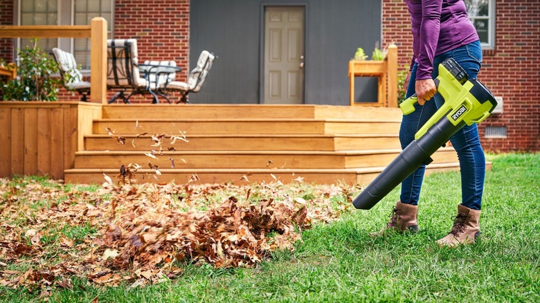 Person using Ryobi blower for leaves