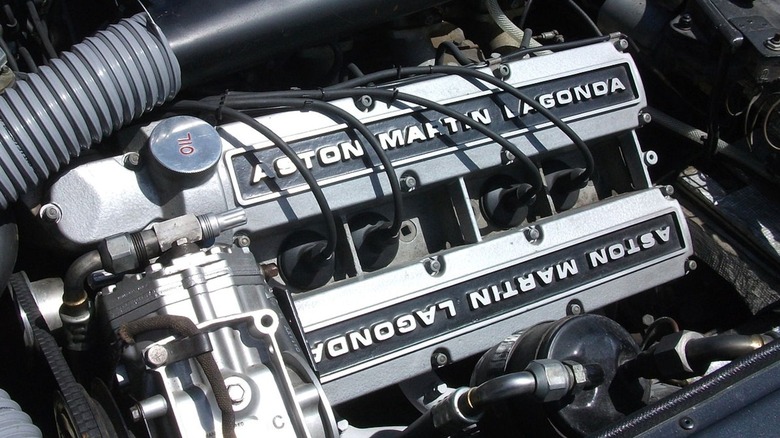 An Aston Martin V8 engine in an engine bay