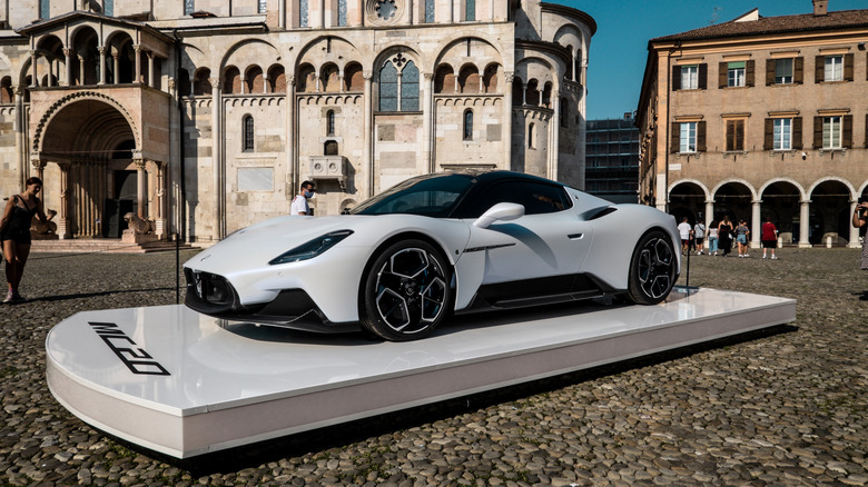 Maserati MC20 on display pad in Modena