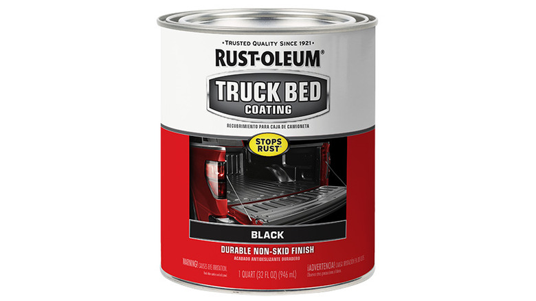 one-quart can of black Rust-Oleum truck bed coating on white background