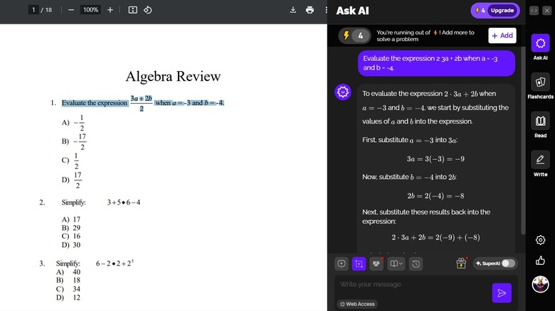 AnswerAI Chrome extension solving a maths equation.