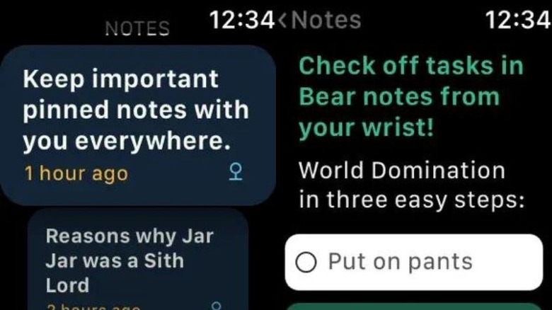 Bear notes app screenshots on Apple Watch