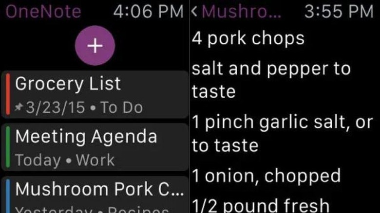 Microsoft OneNote screenshots on Apple Watch