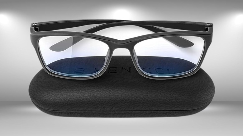 Benicci blue light glasses on a branded case