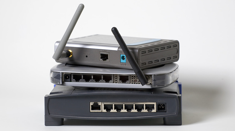 Modems, routers stacked on top of one another