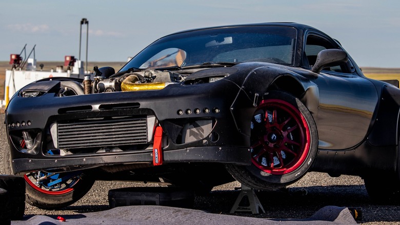 Mazda Miata with LS engine on jack