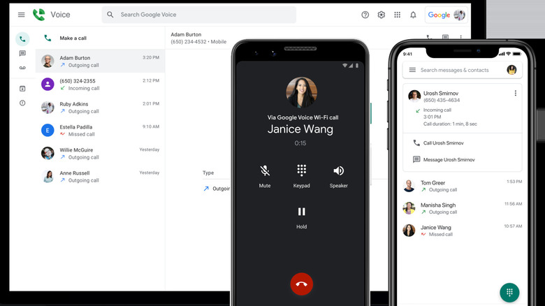 Google Voice dashboard on desktop, Android, and iPhone