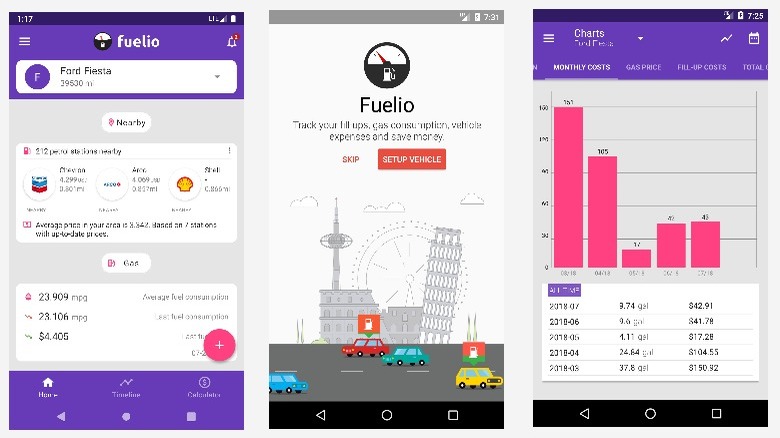 Fuelio app screens